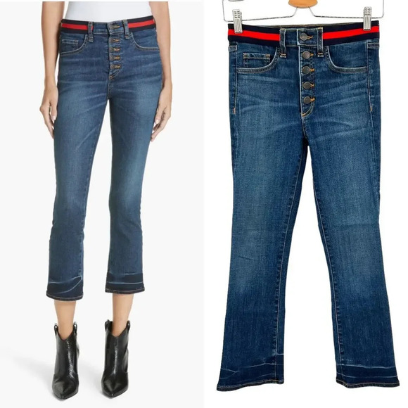 Veronica Beard Carolyn Cropped Baby Boot-cut Jeans Tuxedo Stripes Blue Tidal 24 - Picture 1 of 14